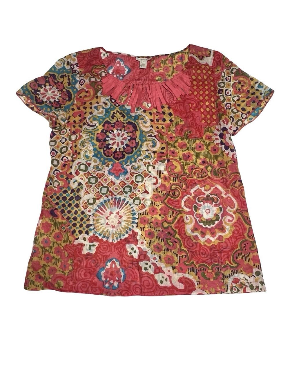 J crew Medallion Blouse Top SZ 10 Short Sleeve Lightweight Cotton Blend Summer